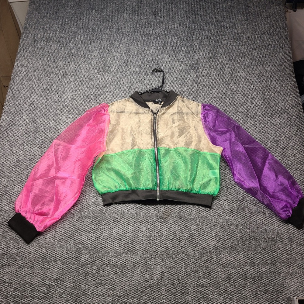 Julia by Love J Sheer Colorblock Bomber Jacket Womens Large Cropped retro